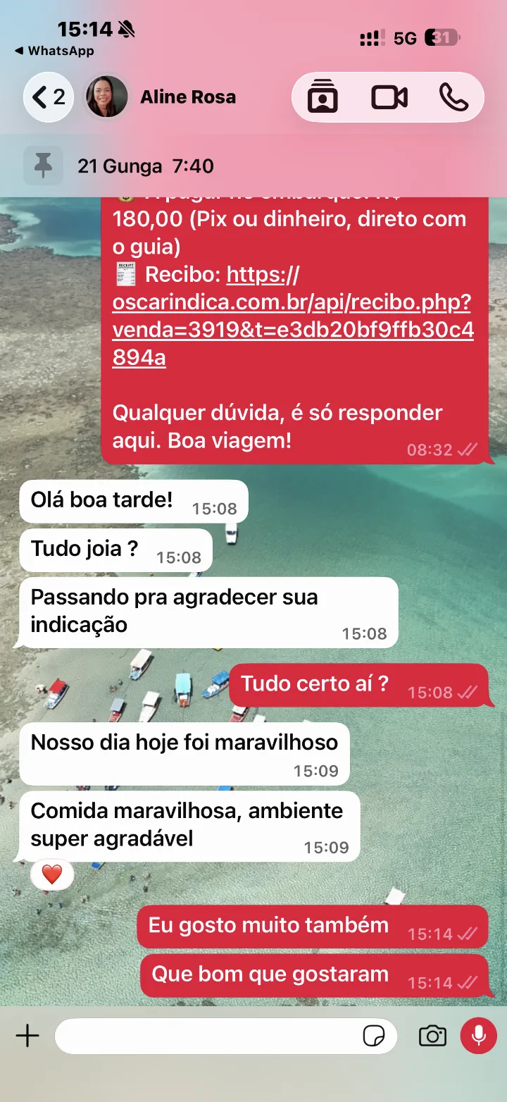 Mensagem de Aline Rosa, de Espírito Santo, no WhatsApp, sobre Paripueira, Hibiscus, Gunga, Milagres