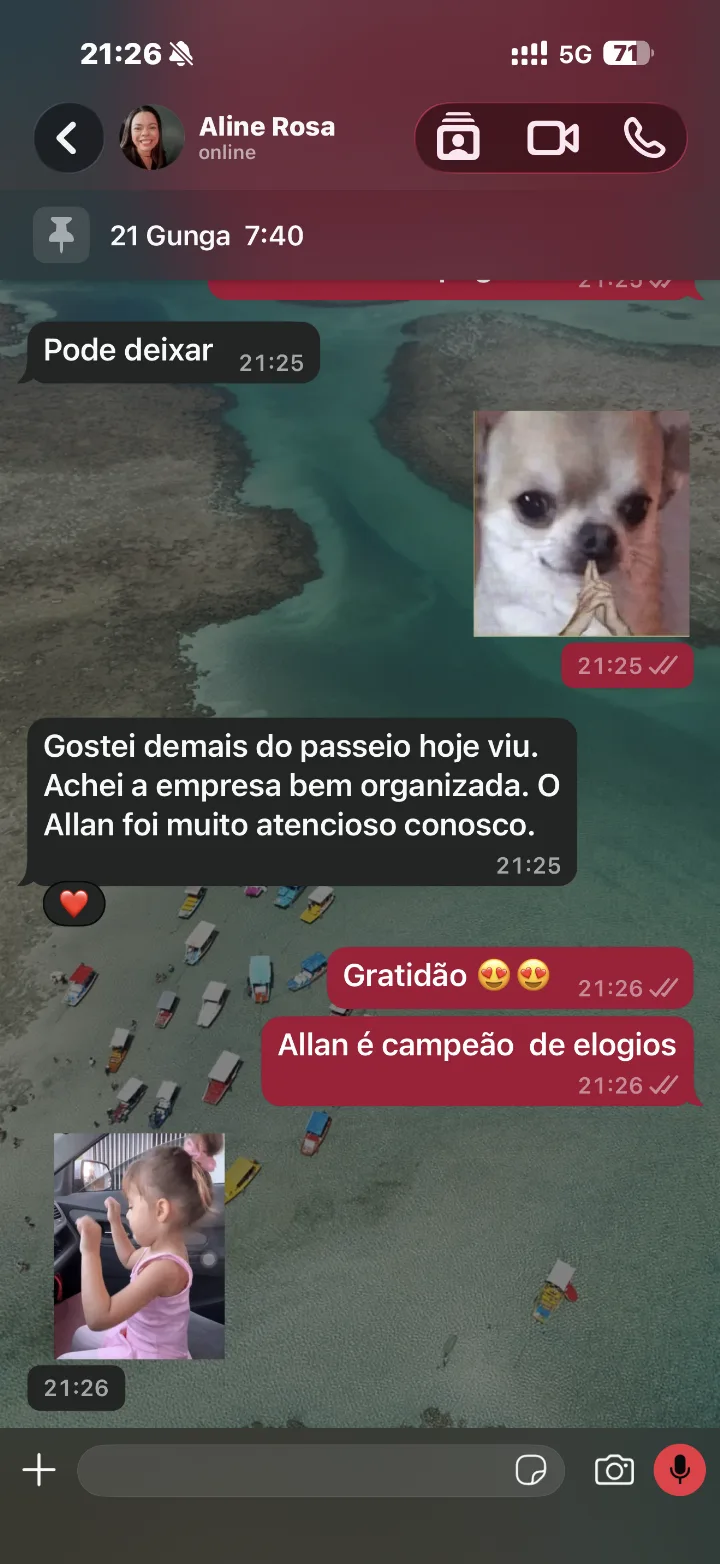Mensagem de Aline Rosa, de Espírito Santo, no WhatsApp, sobre Gunga, Paripueira, Hibiscus, Milagres